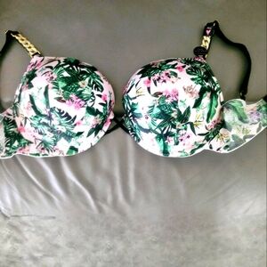 Victoria Secret Bra 38DD Push Up Tropical Floral Gold Chain Link Very Sexy New